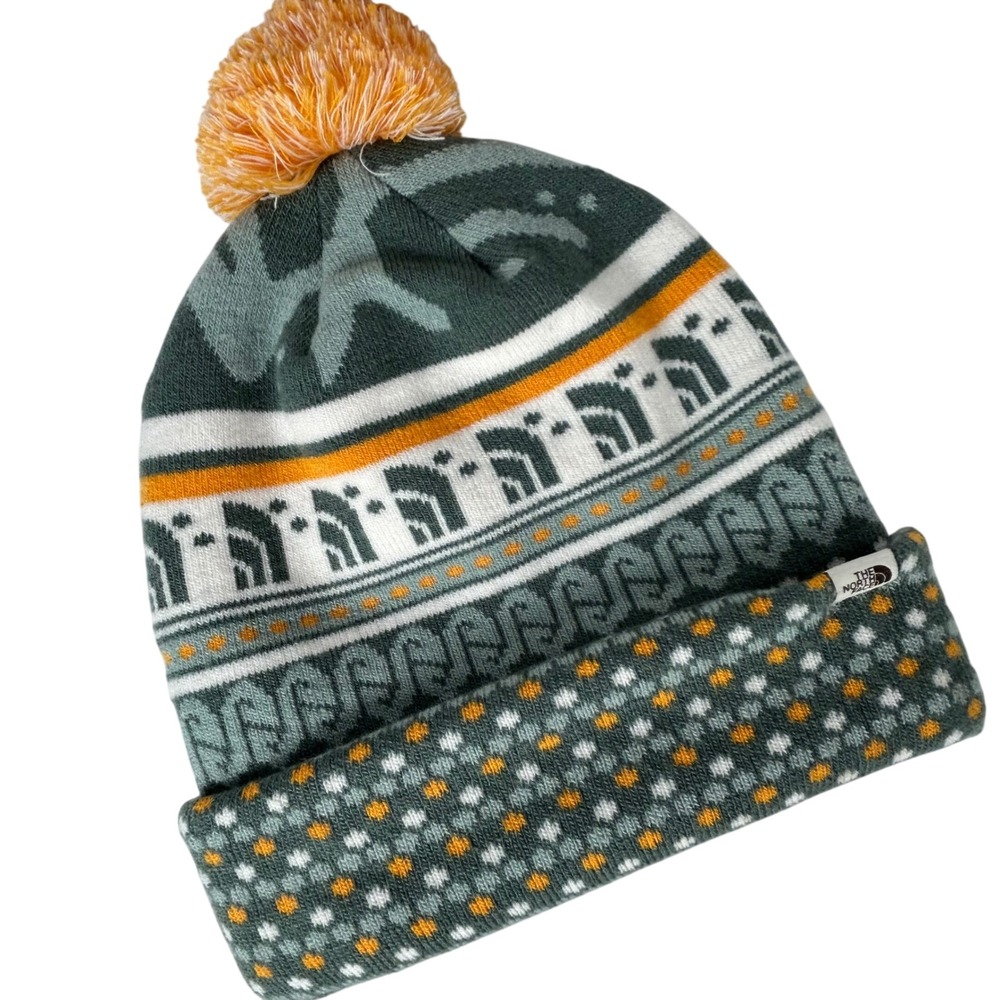 The North Face Fair Isle Pom-Pom Beanie Green Orange White Knit Cuffed Hat OS